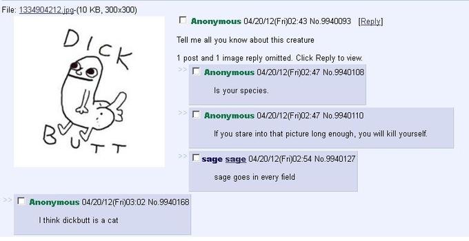 Dickbutt meme in 4chan thread - imageboard culture trolling